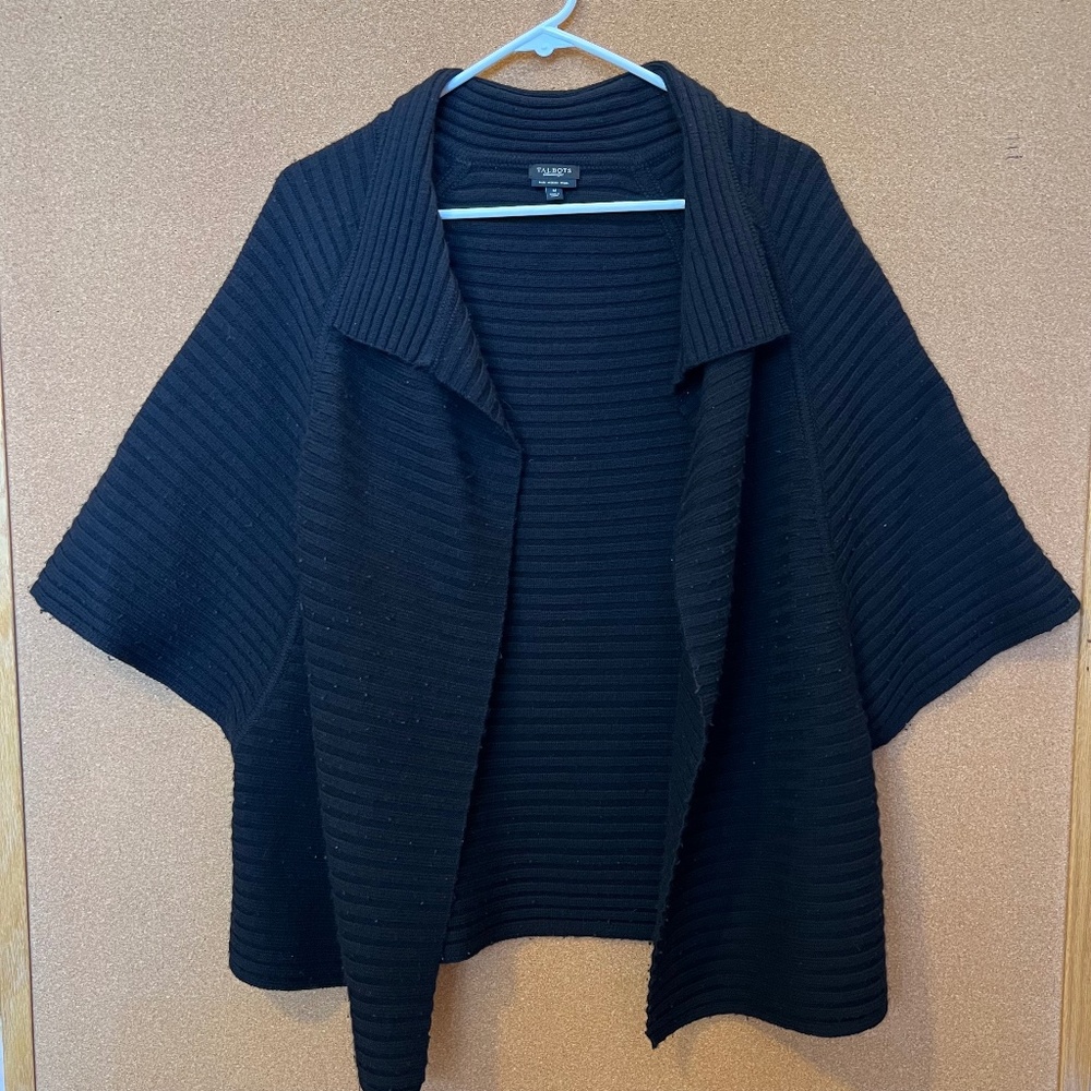 100% Merino Wool Talbots Poncho-Style Black Cardigan Size Medium